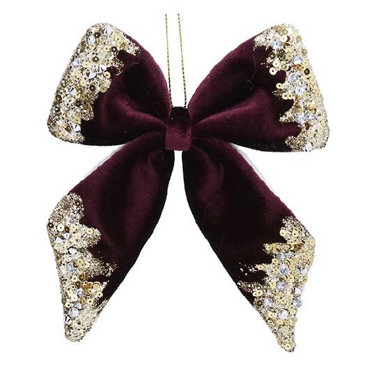 Velvet & Glitter Bow, Burgundy Purple 16cm *ETA Nov